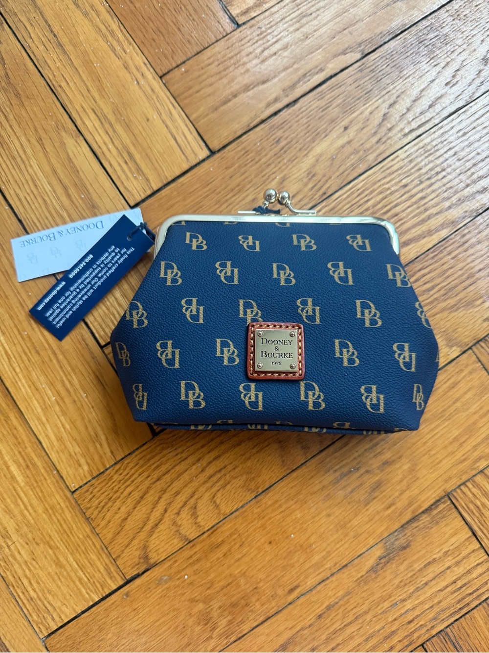 NWT Dooney & Bourke Navy and Gold DB Monogram Kiss-Lock Coin Purse